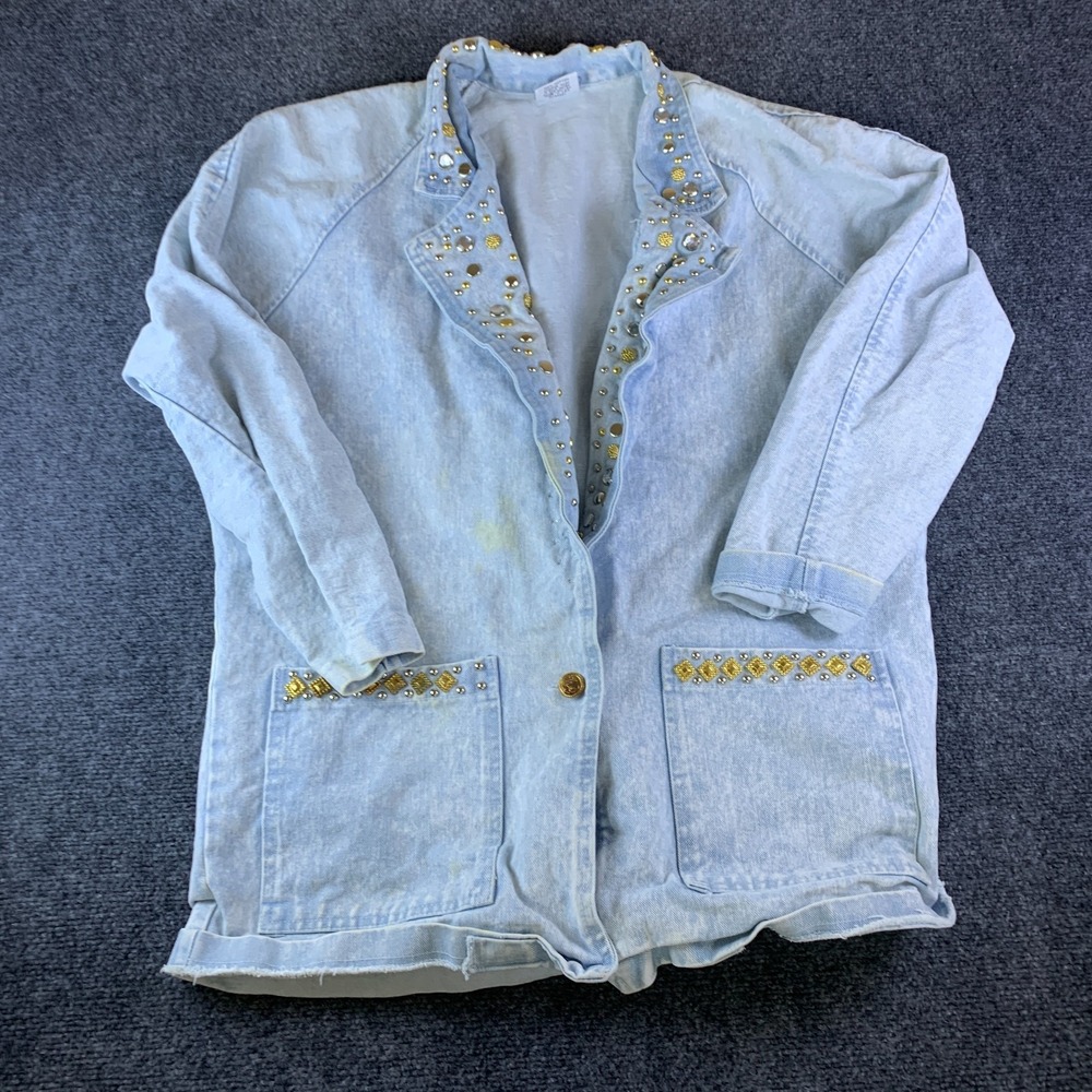Vintage RIO Inc. Blazer Jacket Women's Large Blue Denim Cotton Rhinestone Retro